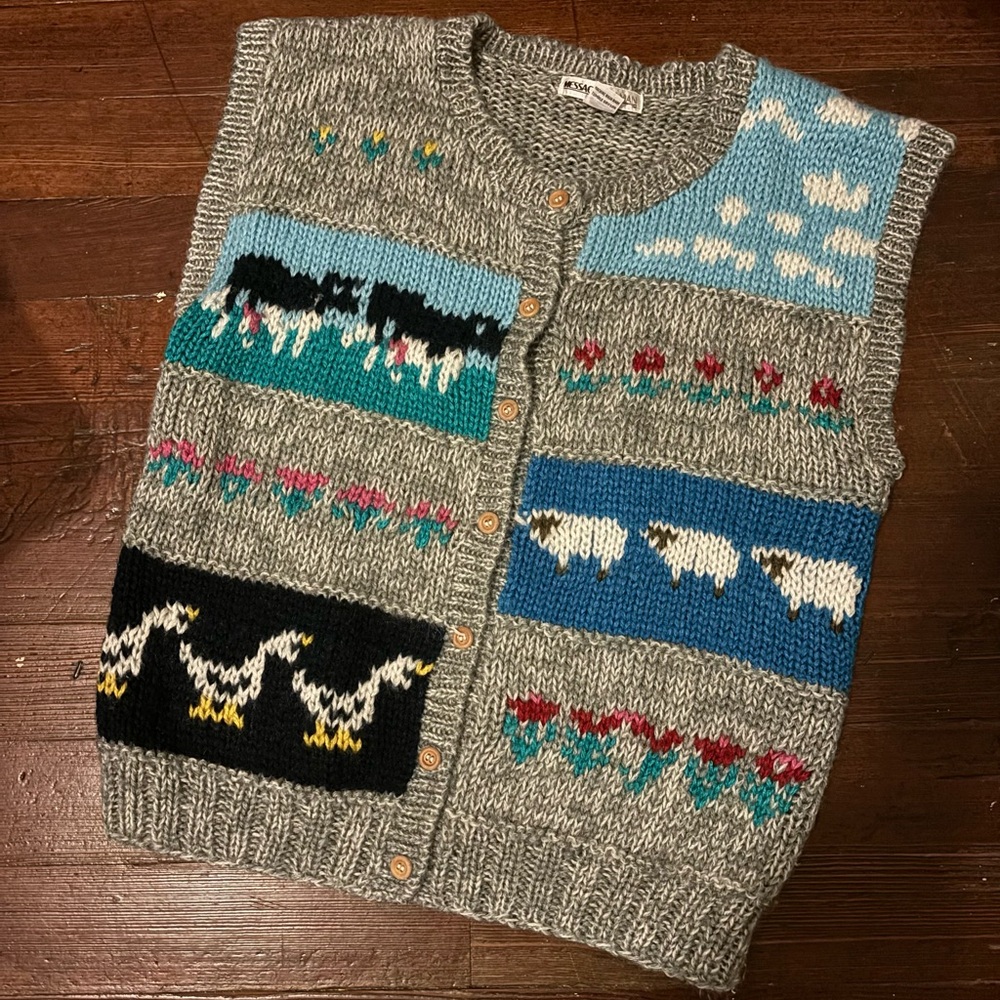 Vintage Novelty Print Grey and Blue Knitted Sweater Vest